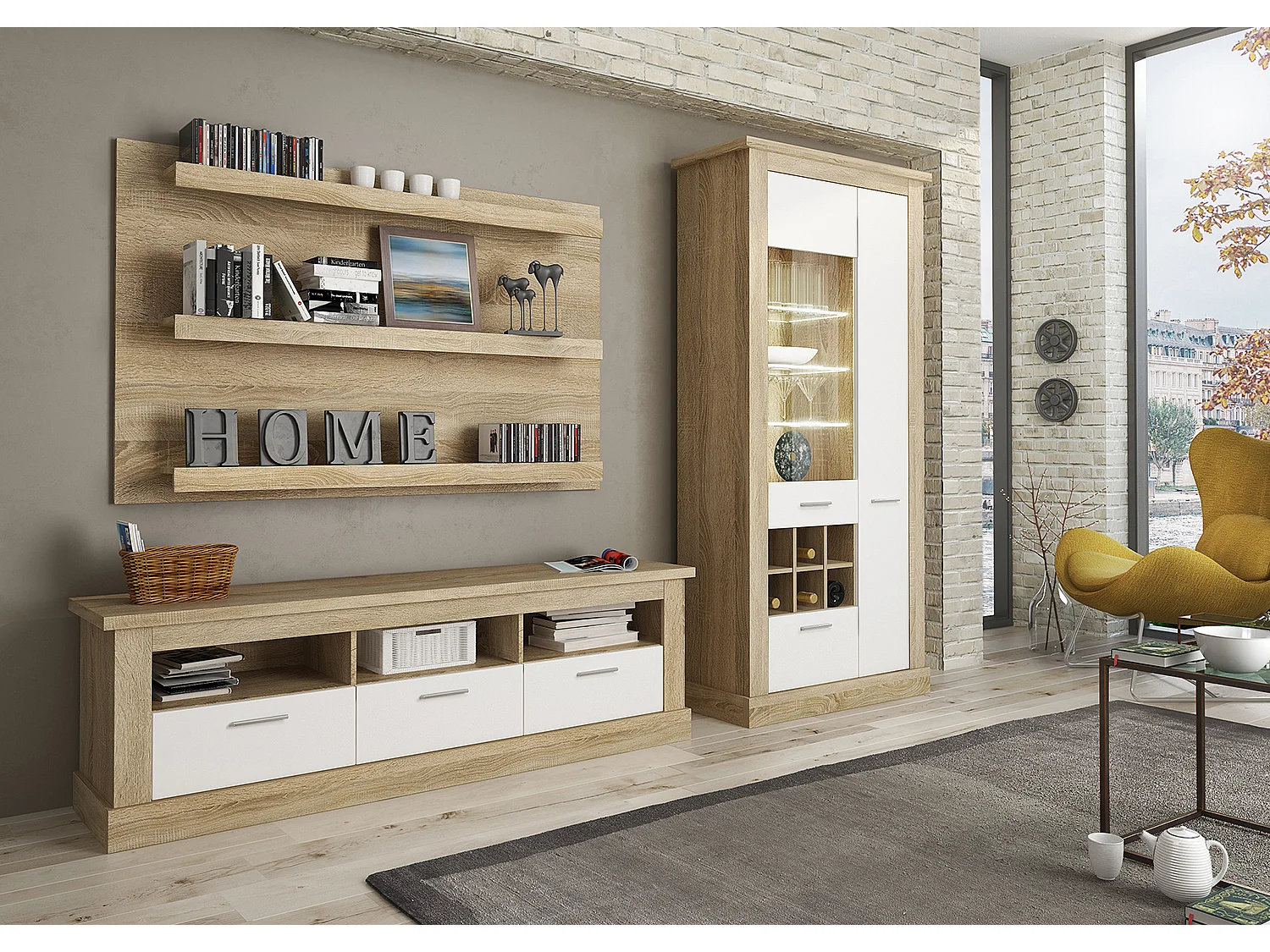 Ensemble de salon, meuble TV + 3 étagères murales + vitrine coloris Chêne cambrian/Blanc