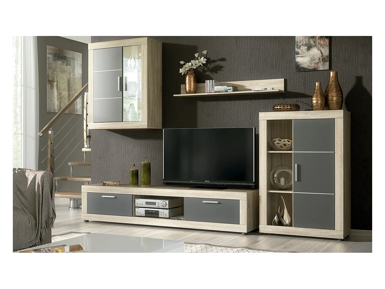 Ensemble de salon meuble TV + 1 étagère murale + vitrine murale avec LED + Buffet coloris chêne cambrian, graphite