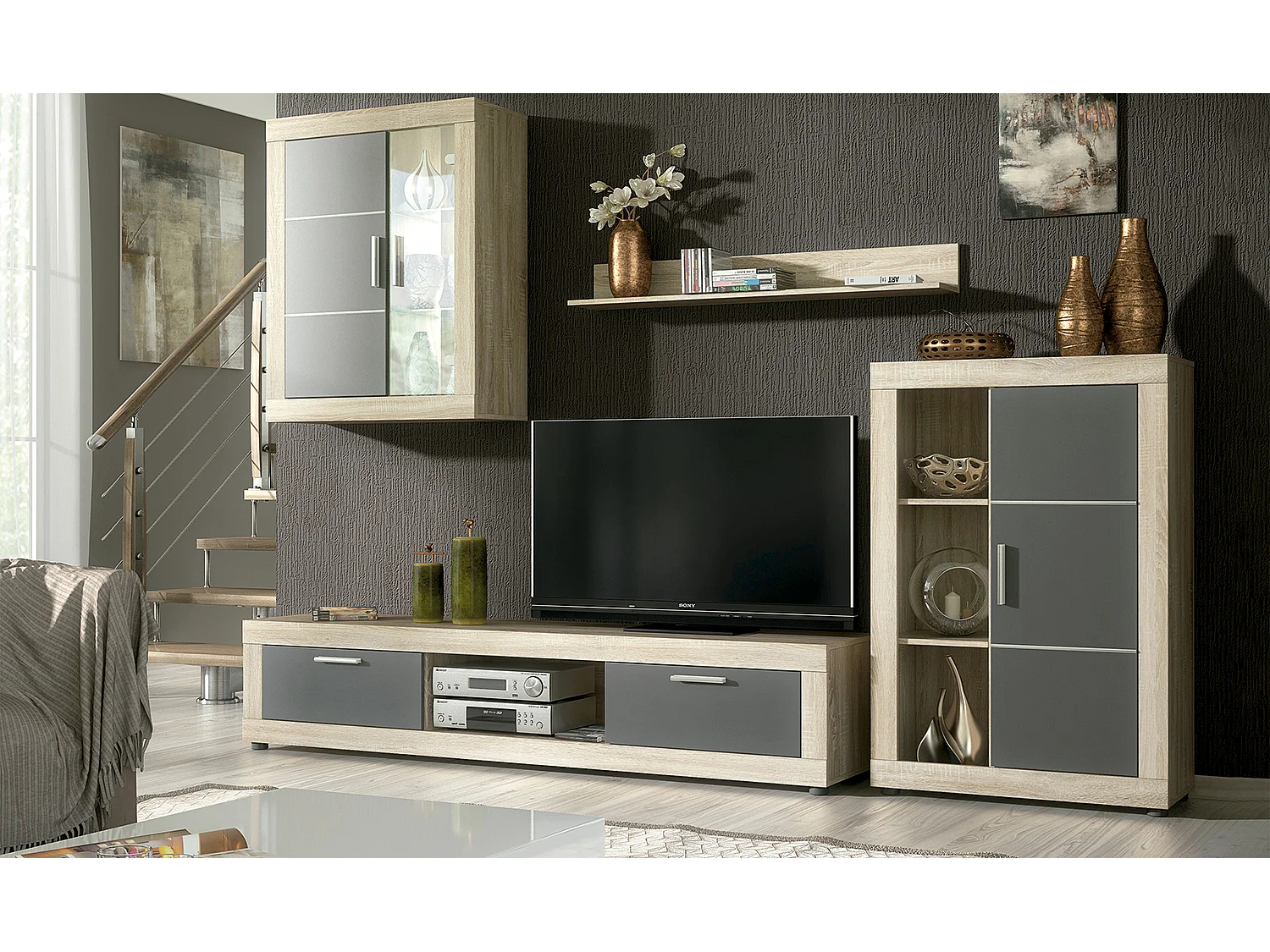 Ensemble de salon meuble TV + 1 étagère murale + vitrine murale avec LED + Buffet coloris chêne cambrian, graphite