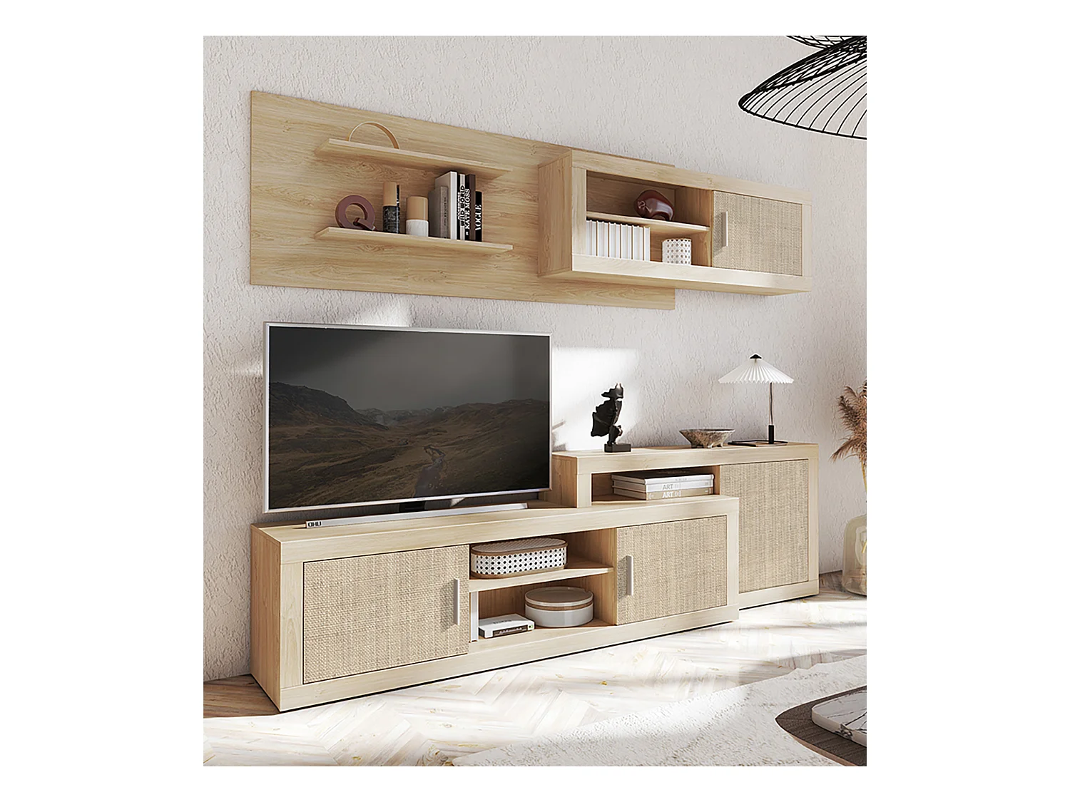 Ensemble de salon, meuble TV + set de 2 étagères murales + meuble haut + meuble bas coloris chêne cambrian/effet textile