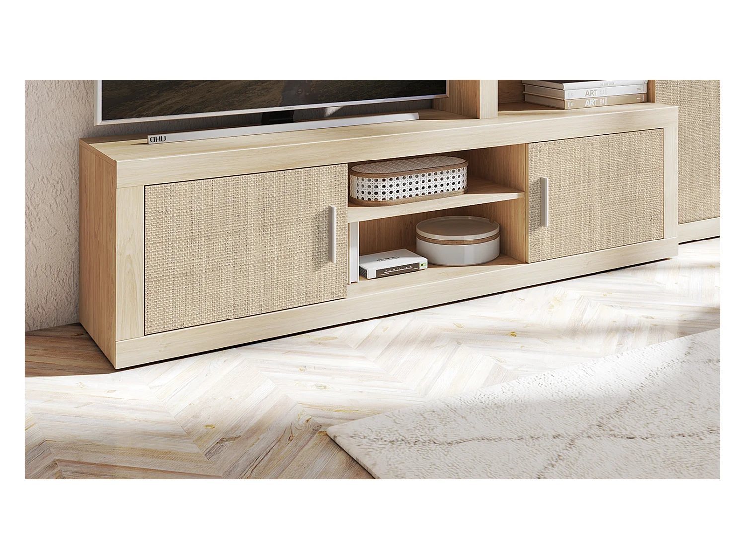 Ensemble de salon, meuble TV + set de 2 étagères murales + meuble haut + meuble bas coloris chêne cambrian/effet textile