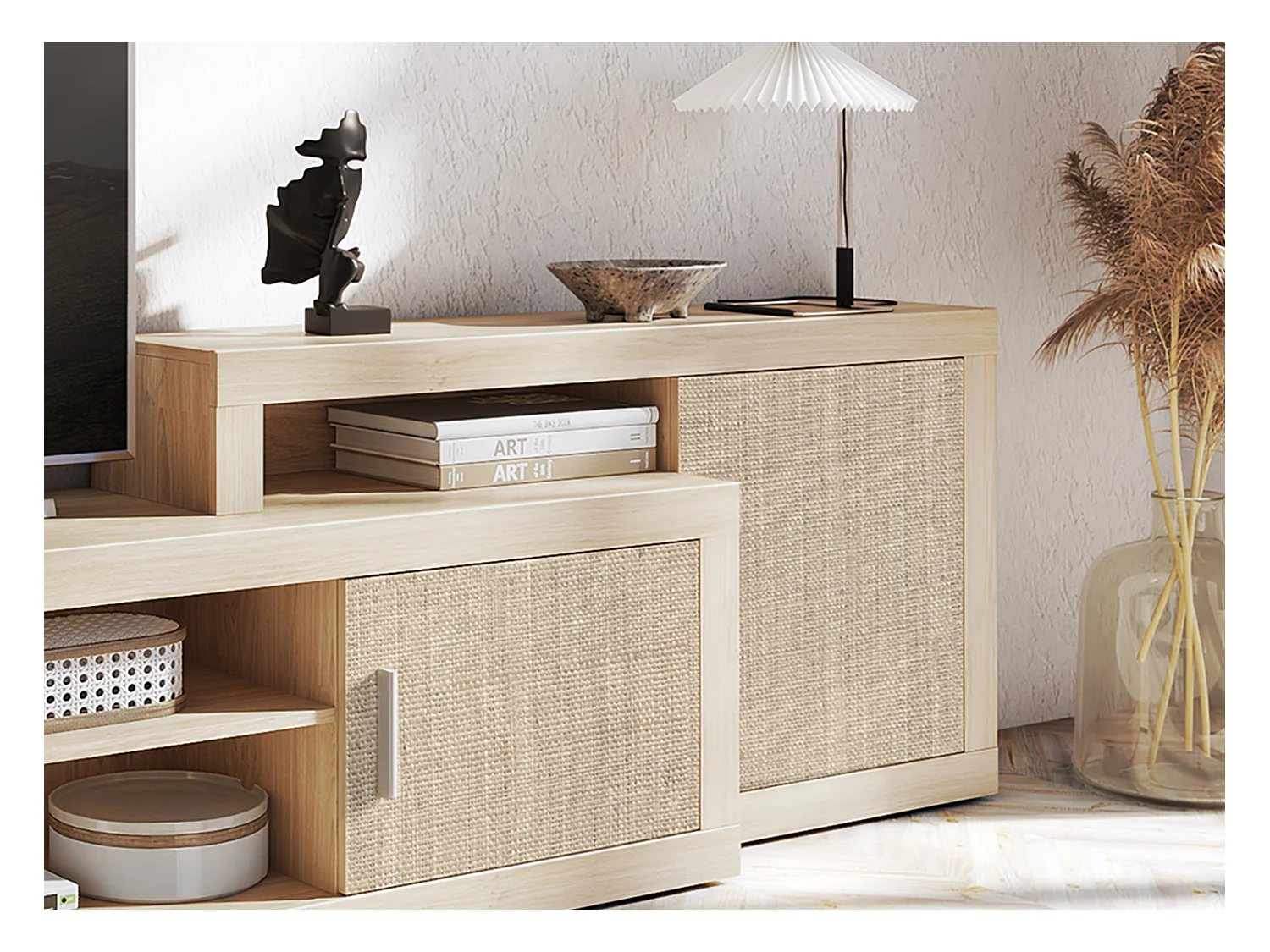 Ensemble de salon, meuble TV + set de 2 étagères murales + meuble haut + meuble bas coloris chêne cambrian/effet textile