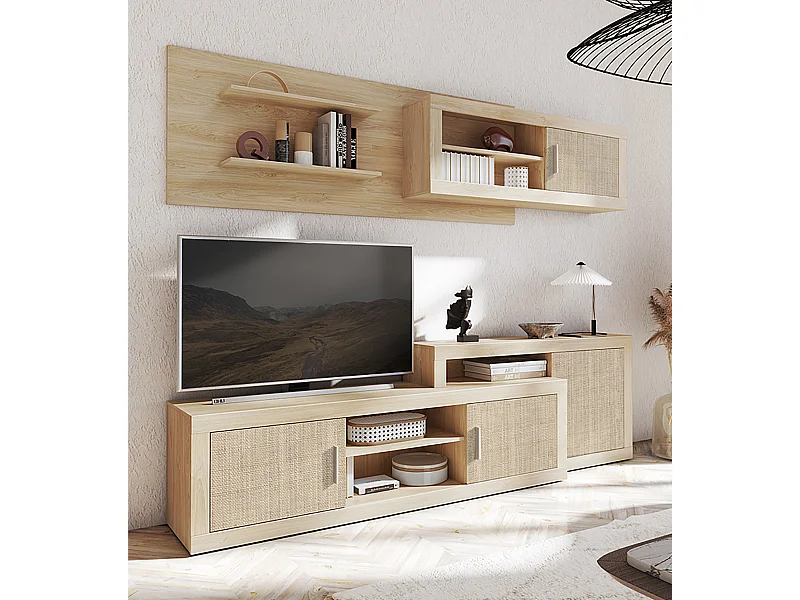 Ensemble de salon, meuble TV + set de 2 étagères murales + meuble haut + meuble bas coloris chêne cambrian/effet textile