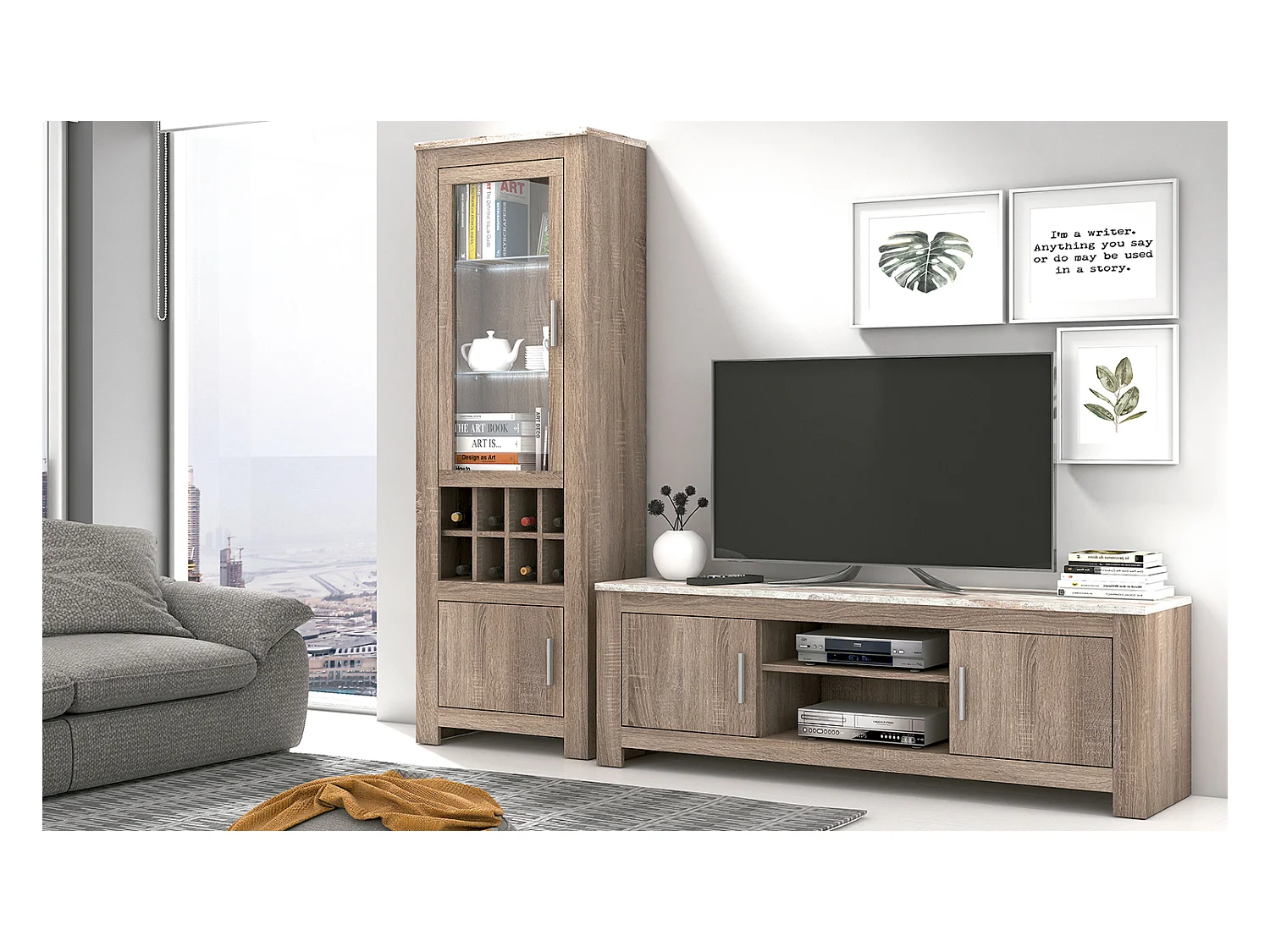 Ensemble de salon vitrine, meuble TV 2 portes coloris chêne truffé, blanc vieilli