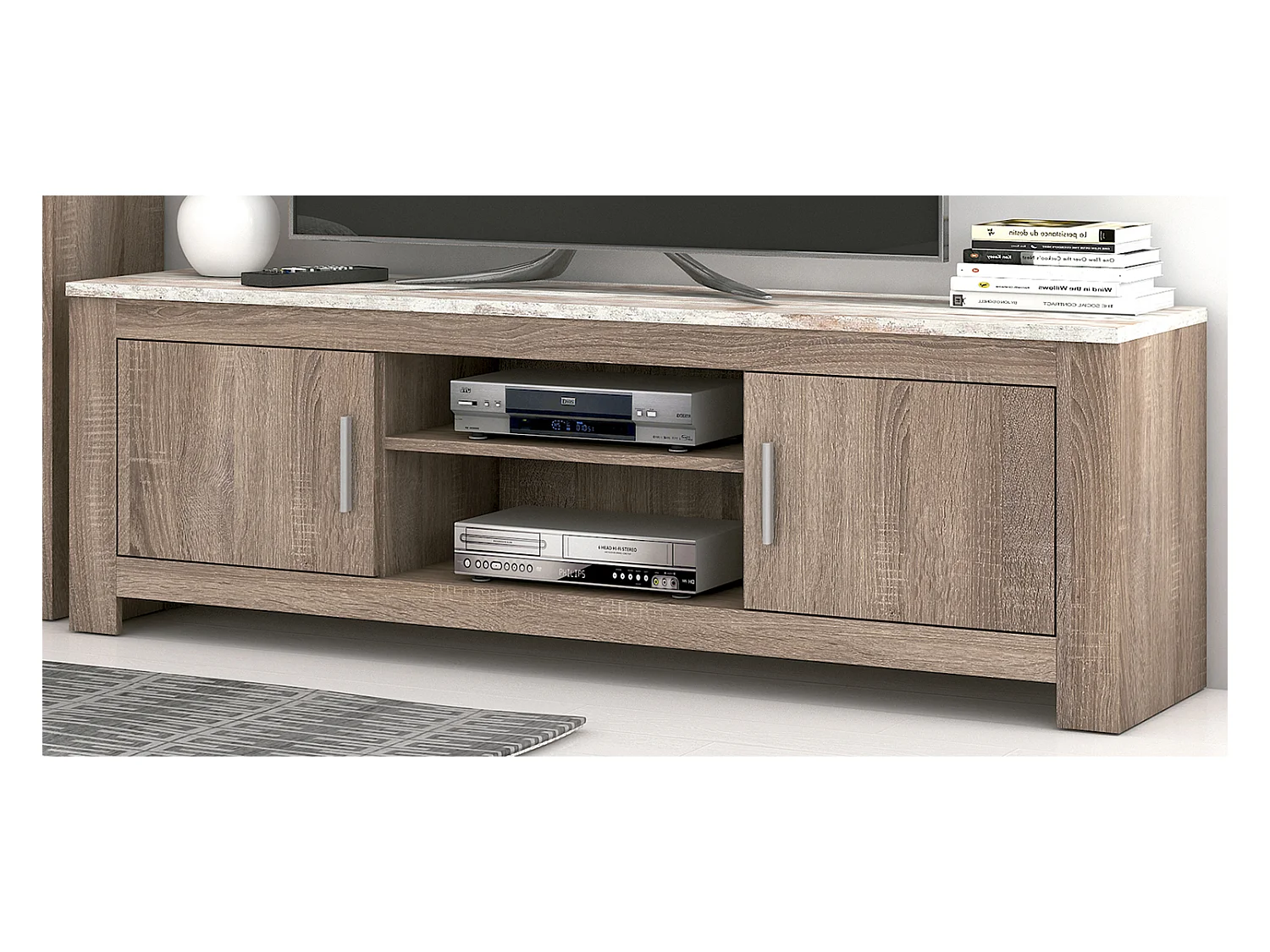 Ensemble de salon vitrine, meuble TV 2 portes coloris chêne truffé, blanc vieilli