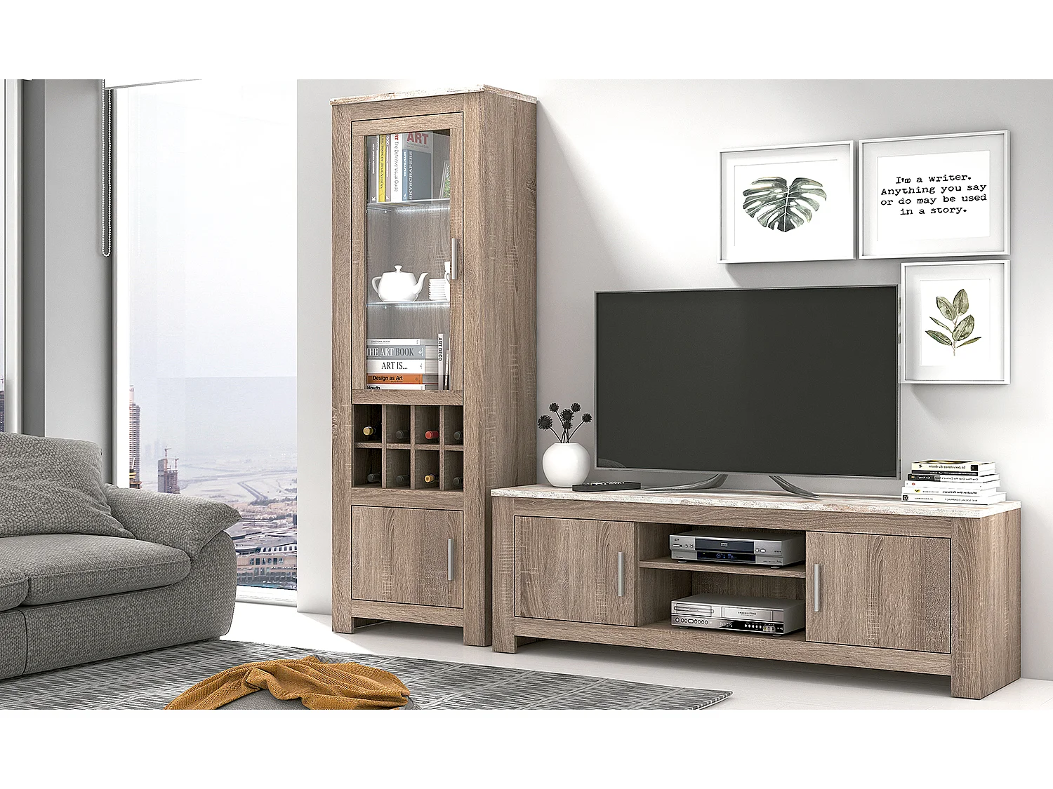 Ensemble de salon vitrine, meuble TV 2 portes coloris chêne truffé, blanc vieilli