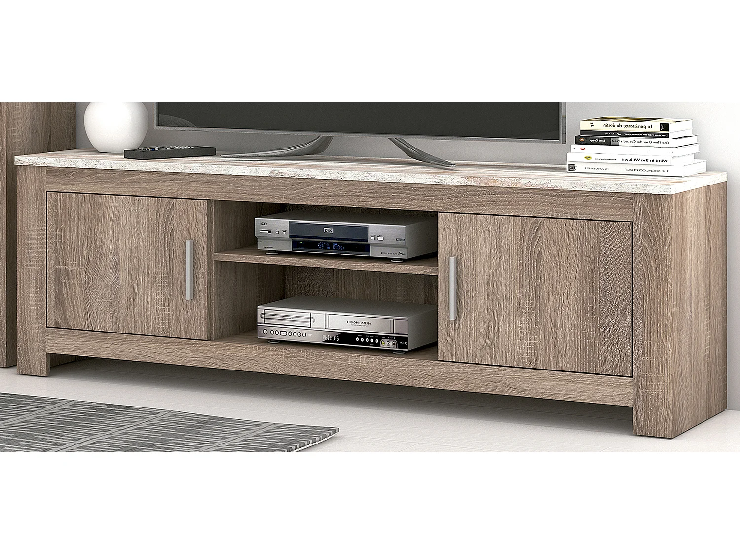 Ensemble de salon vitrine, meuble TV 2 portes coloris chêne truffé, blanc vieilli