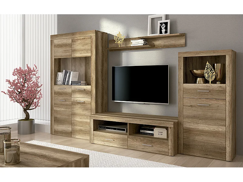 Ensemble de salon meuble TV + étagère murale + vitrine haute + buffet coloris chêne chêne vieilli