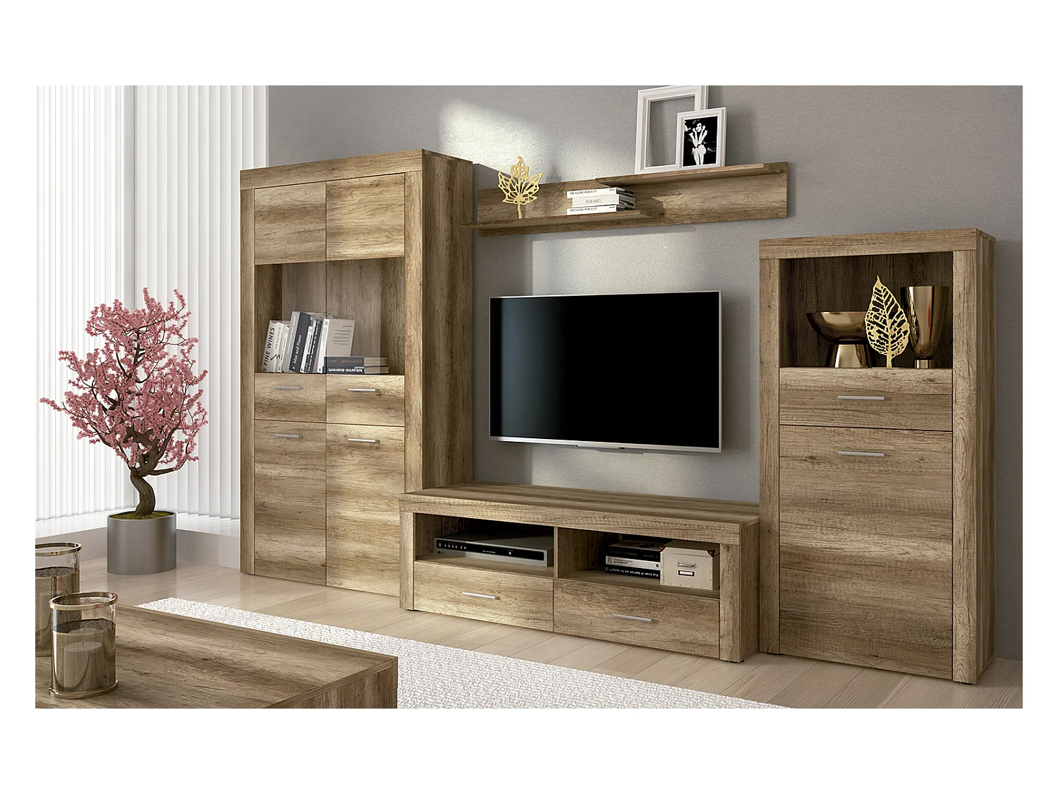 Ensemble de salon meuble TV + étagère murale + vitrine haute + buffet coloris chêne chêne vieilli