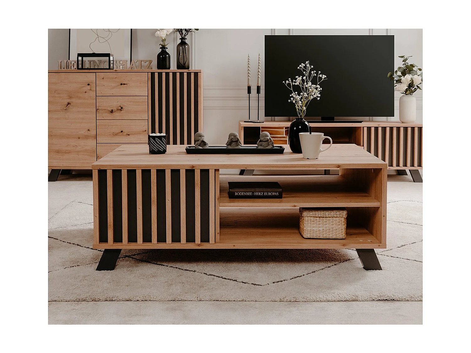 Table basse 1 porte et 2 niches décor chêne artisan L111 cm - LUBLIN