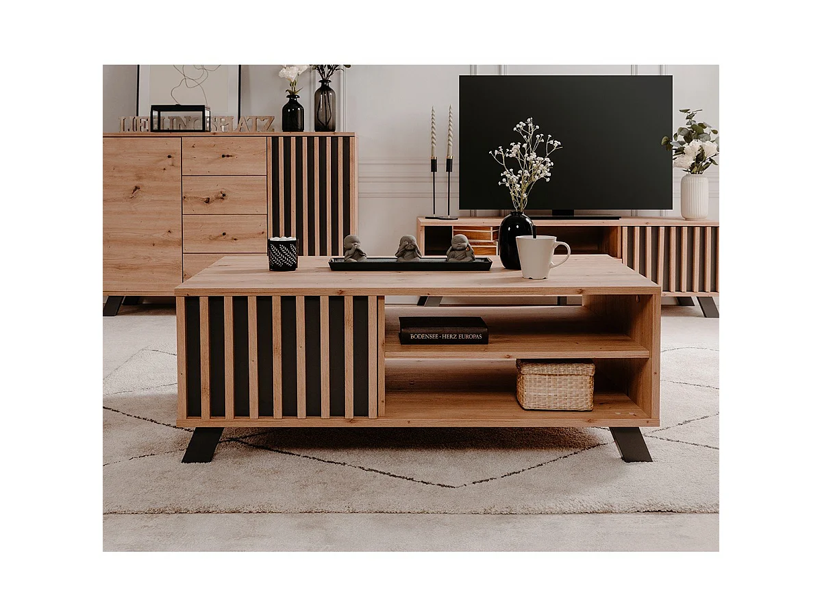 Mesa de café com 1 porta e 2 nichos, decoração em carvalho artesanal, L111 cm - LUBLIN