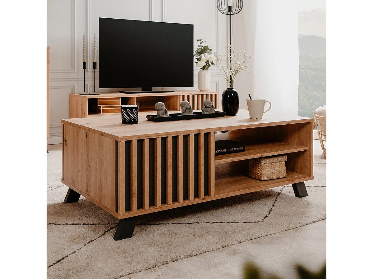 Mesa de café com 1 porta e 2 nichos, decoração em carvalho artesanal, L111 cm - LUBLIN