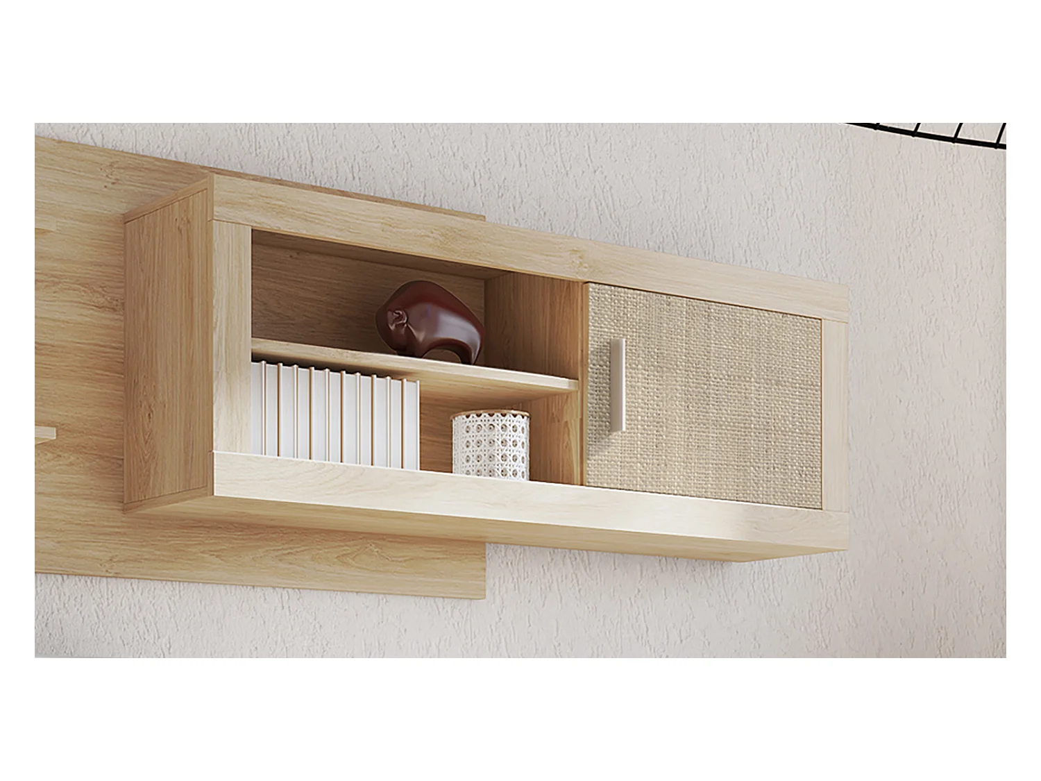 Meuble haut 1 porte coloris chêne cambrian, effet textile - Longueur 130 x profondeur 26,30 x hauteur 46 cm