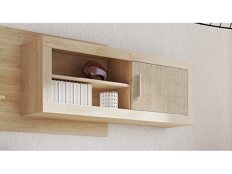 Meuble haut 1 porte coloris chêne cambrian, effet textile - Longueur 130 x profondeur 26,30 x hauteur 46 cm