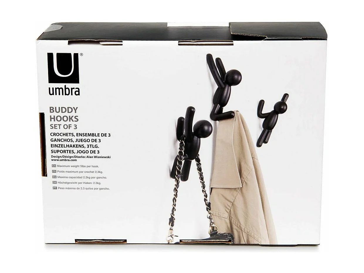 Lot de 3 patères murales avec fixations noires Buddy Hook