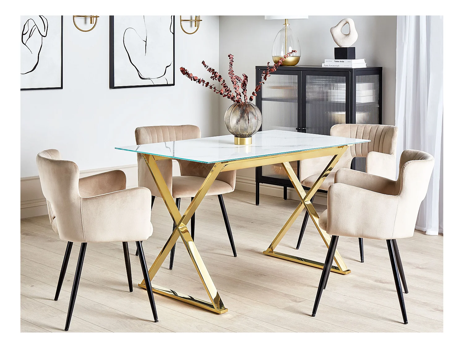 Table de repas ATTICA Marbre/doré 120 cm 70 cm Verre de sécurité