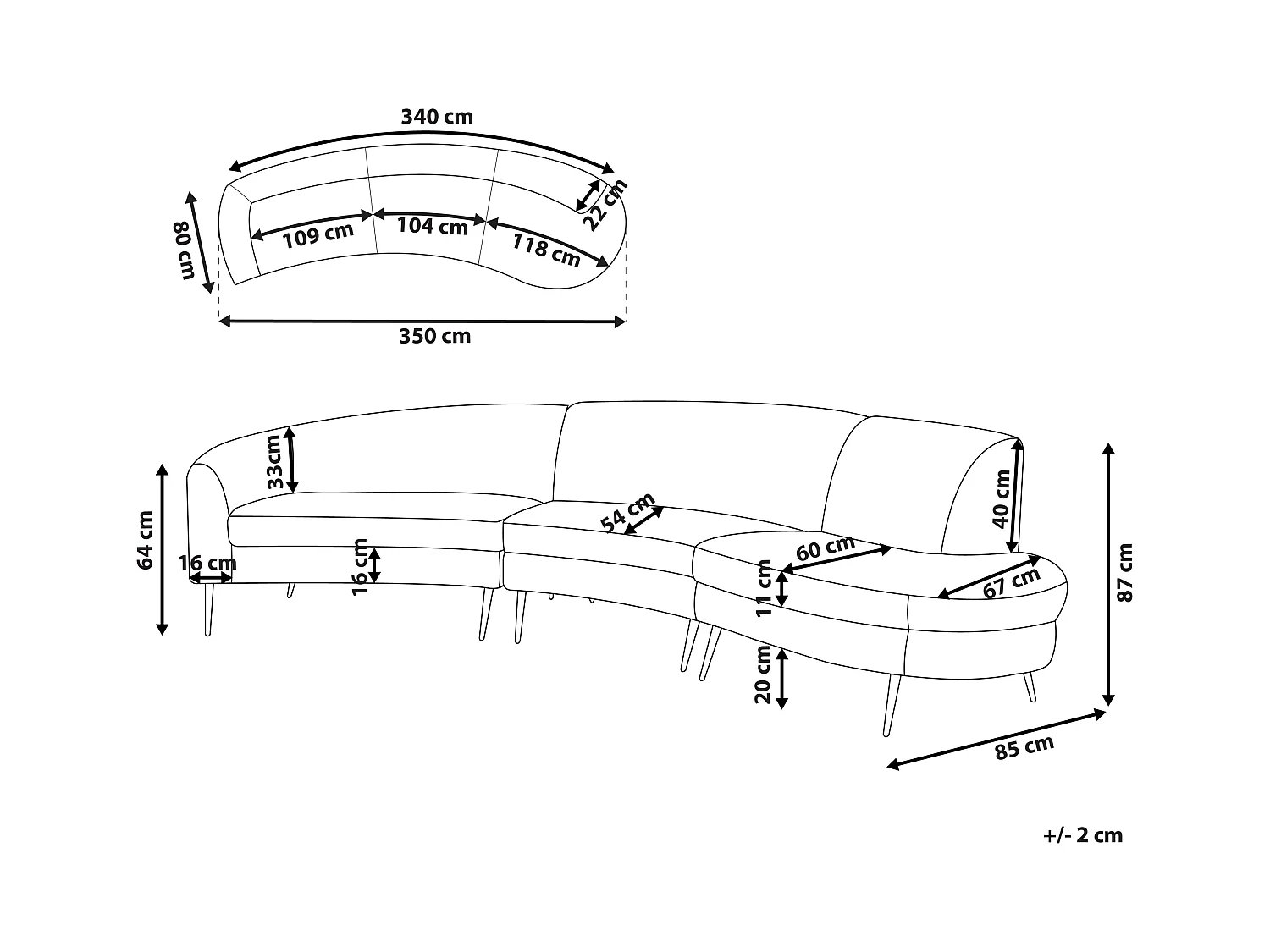 Sofá curvo MOSS Terciopelo Gris claro 4 plazas