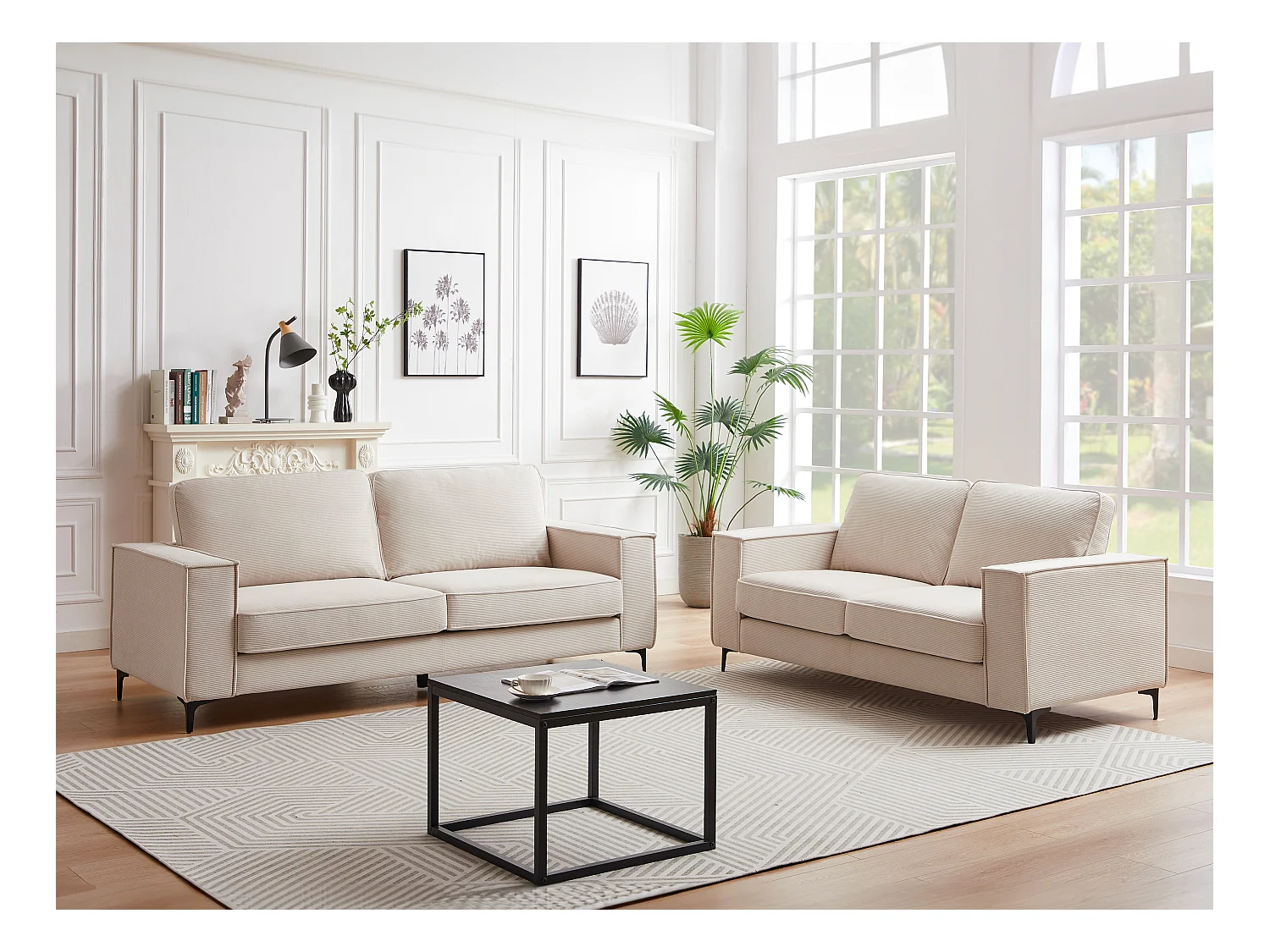 Zitbank – 3 plaatsen – Beige ribfluweel – OLMEDA