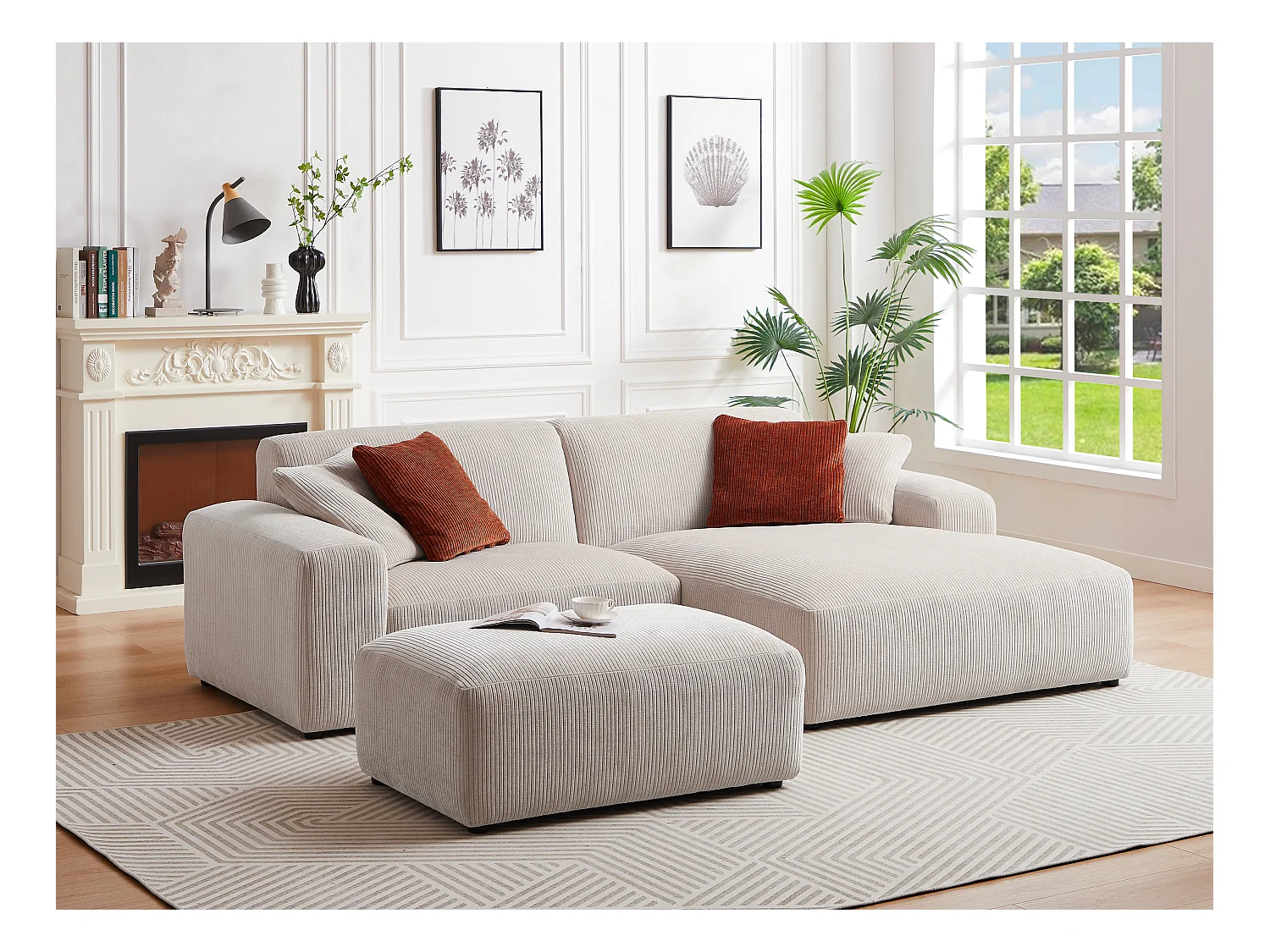 Hoekbank met hoek rechts van beige ribfluweel TIRONO van Maison Céphy