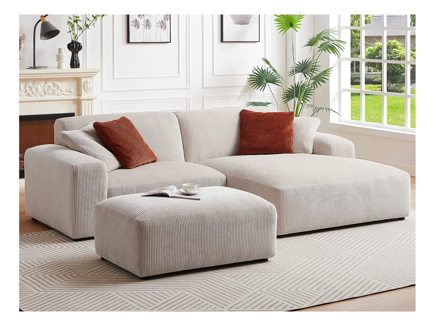 Hoekbank met hoek rechts van beige ribfluweel TIRONO van Maison Céphy