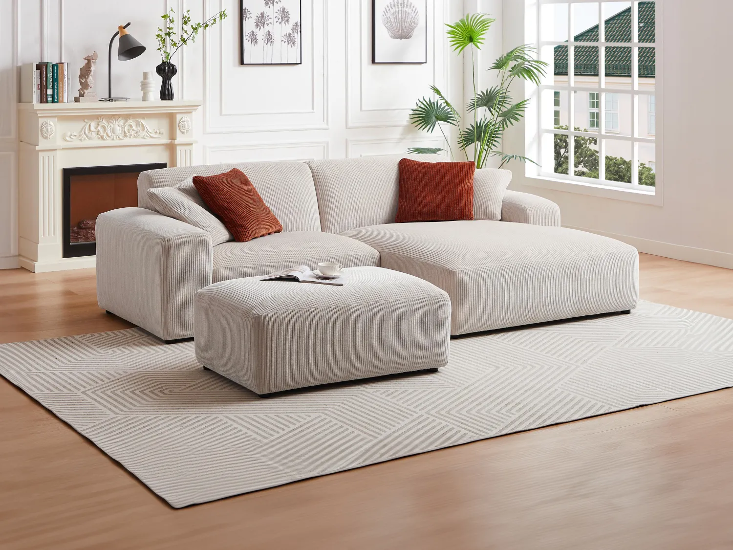 Hoekbank met hoek rechts van beige ribfluweel TIRONO van Maison Céphy