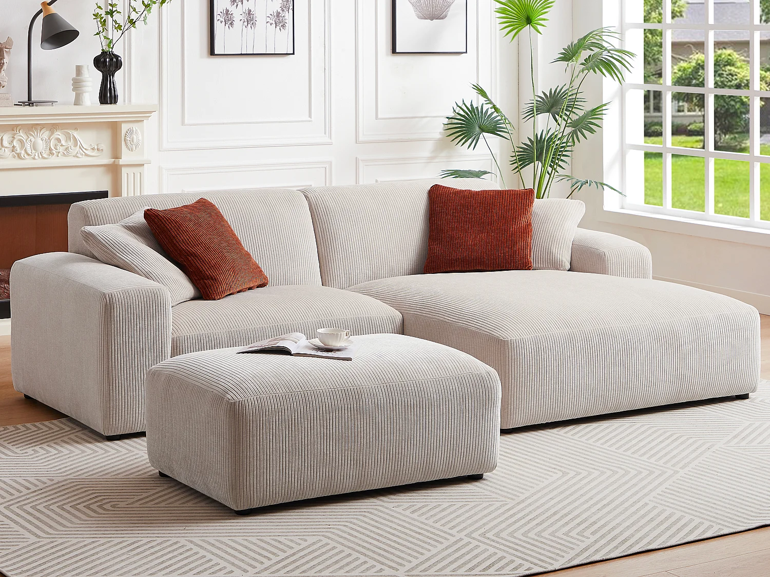 Hoekbank met hoek rechts van beige ribfluweel TIRONO van Maison Céphy