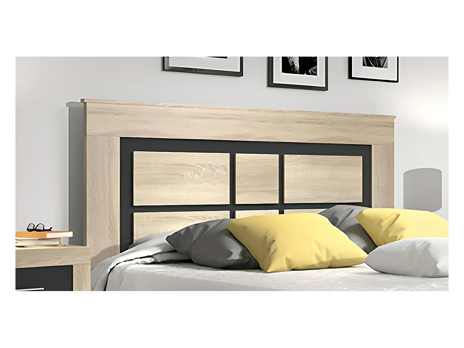 Tête de lit coloris avec pieds coloris chêne cambrian, graphite - Longueur 160 x Profondeur 3,8 x Hauteur 120 cm