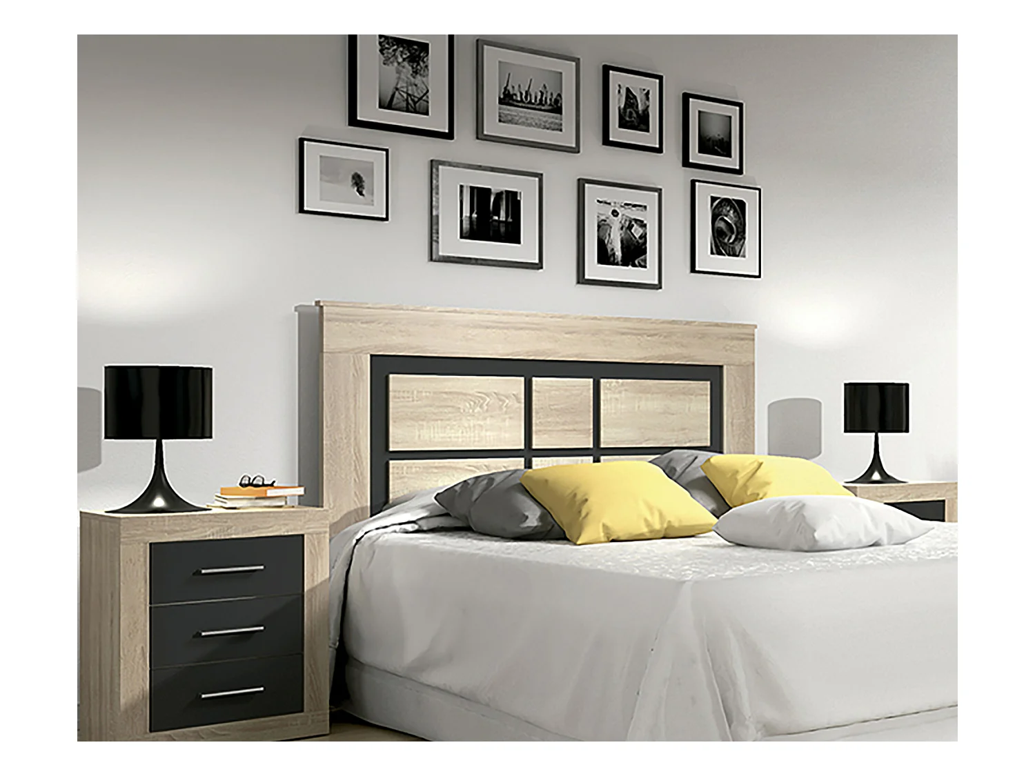 Tête de lit coloris avec pieds coloris chêne cambrian, graphite - Longueur 160 x Profondeur 3,8 x Hauteur 120 cm