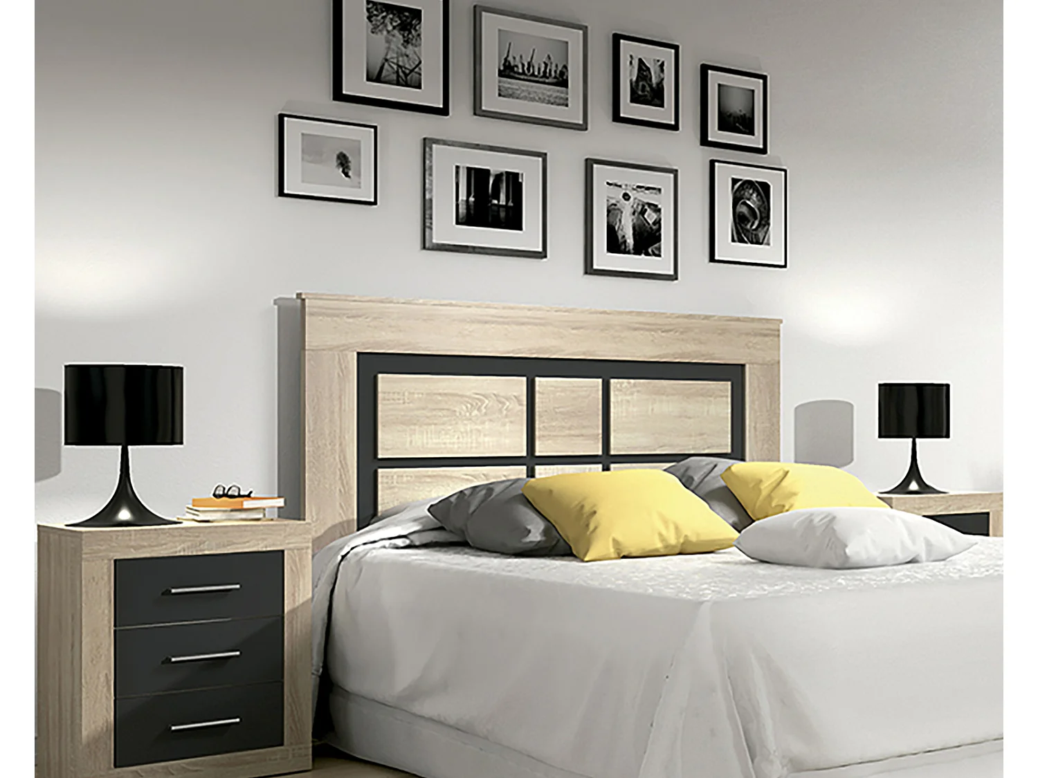 Tête de lit coloris avec pieds coloris chêne cambrian, graphite - Longueur 160 x Profondeur 3,8 x Hauteur 120 cm