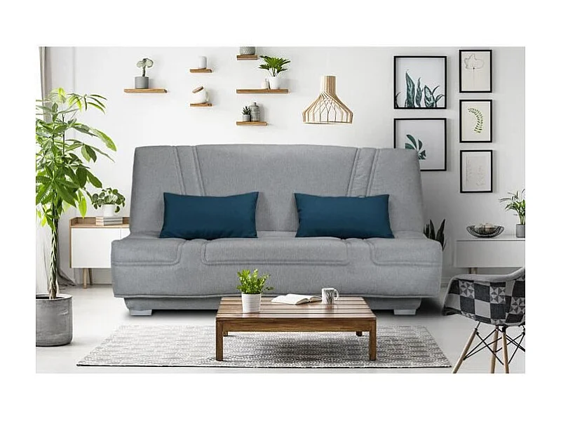 Schlafsofa Clic-Clac Bultex 3-Sitzer Grauer Stoff mit blauen Kissen