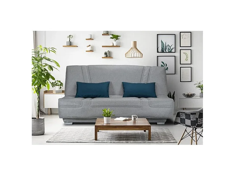 Banquette clic-clac Bultex - 3 places - Tissu gris + Coussins bleu - L193 x P95 x H101cm