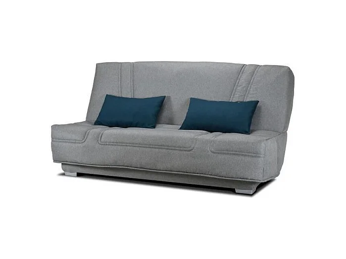 Schlafsofa Clic-Clac Bultex 3-Sitzer Grauer Stoff mit blauen Kissen