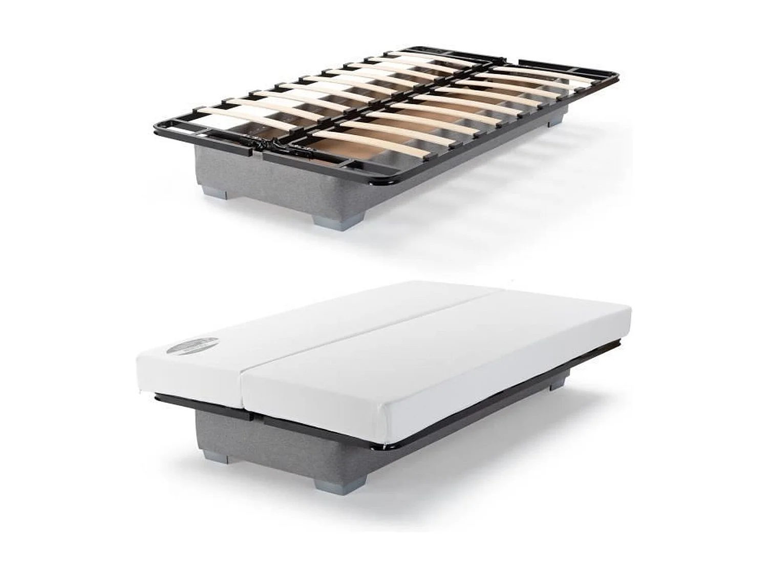 Banquette clic-clac Bultex - 3 places - Tissu gris + Coussins bleu - L193 x P95 x H101cm