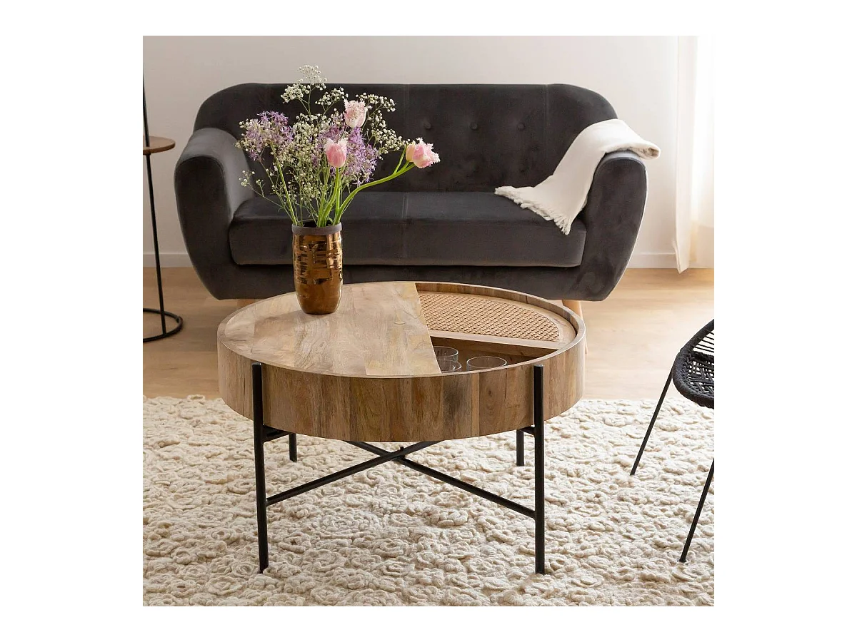 Table basse ronde en bois et en cannage Lucie