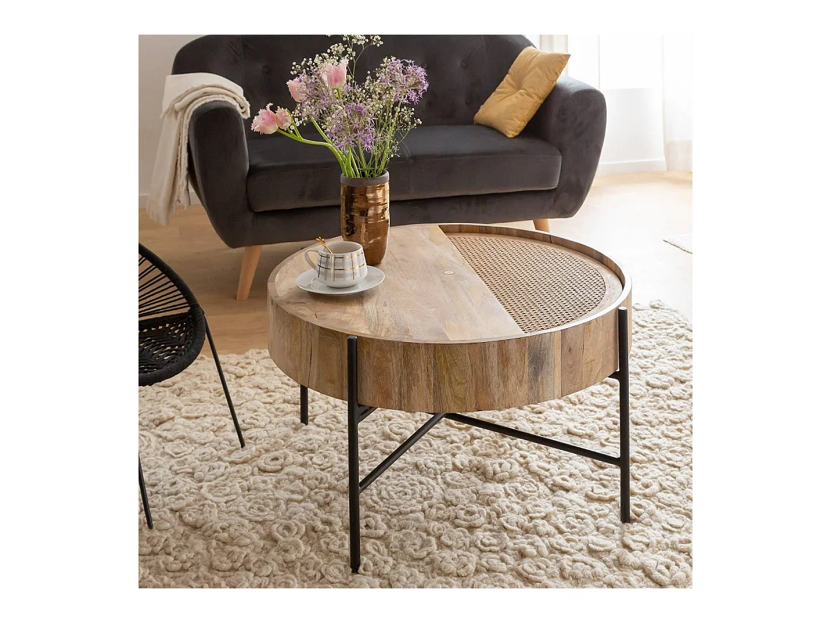 Table basse ronde en bois et en cannage Lucie