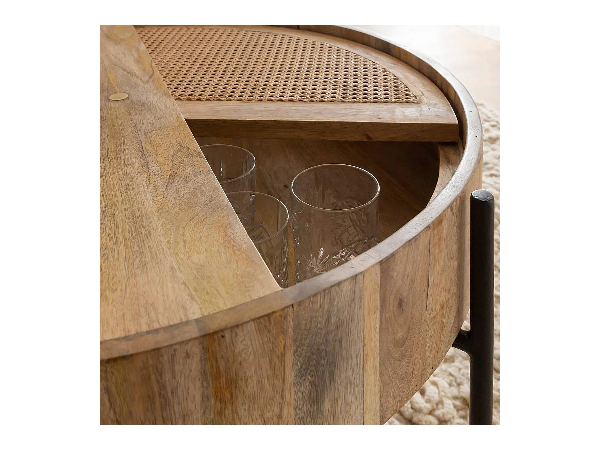 Table basse ronde en bois et en cannage Lucie
