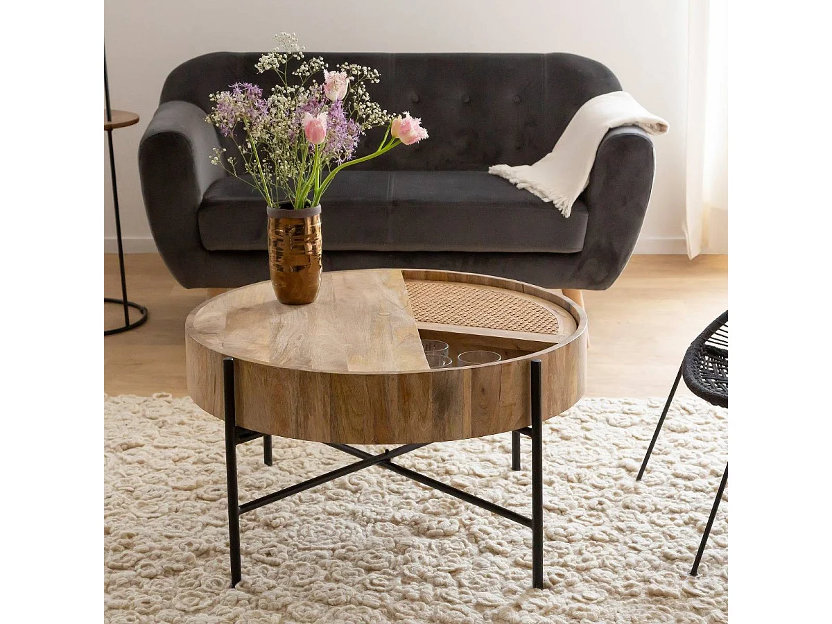 Table basse ronde en bois et en cannage Lucie