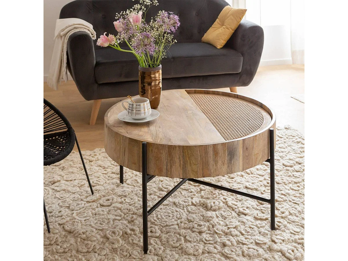 Table basse ronde en bois et en cannage Lucie