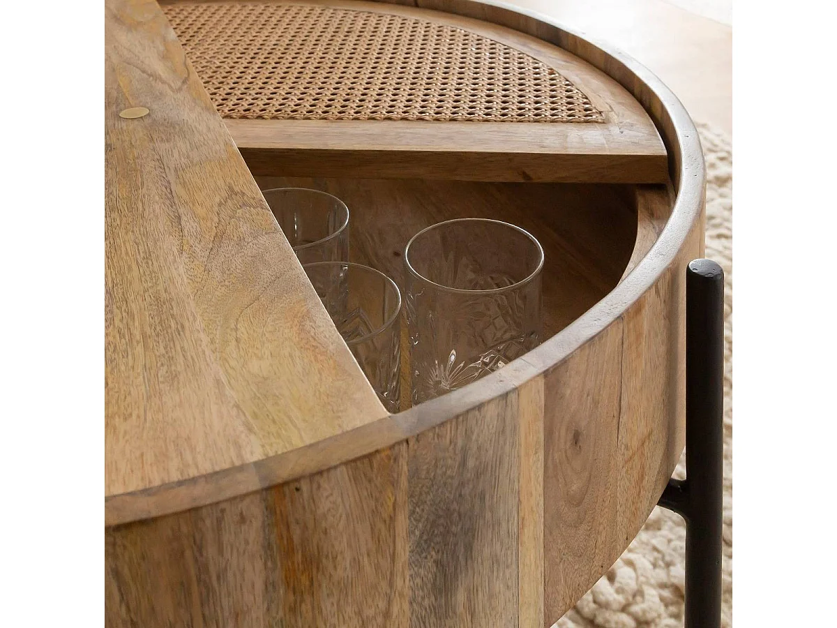 Table basse ronde en bois et en cannage Lucie