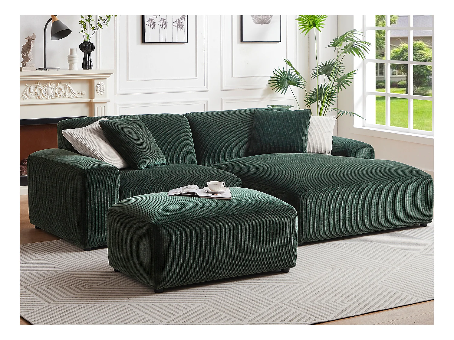 Canapé d'angle droit en velours côtelé vert sapin TIRONO de Maison Céphy