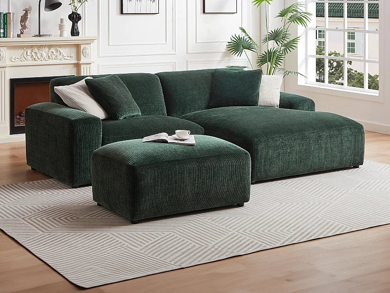 Højre hjørnesofa i grøn gran cordfløjl fløjl betrukket cameleon TIRONO af Maison Céphy