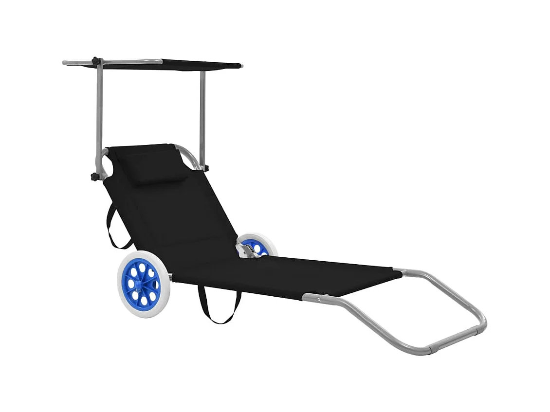 Chaise longue pliable avec auvent et roues Acier Noir