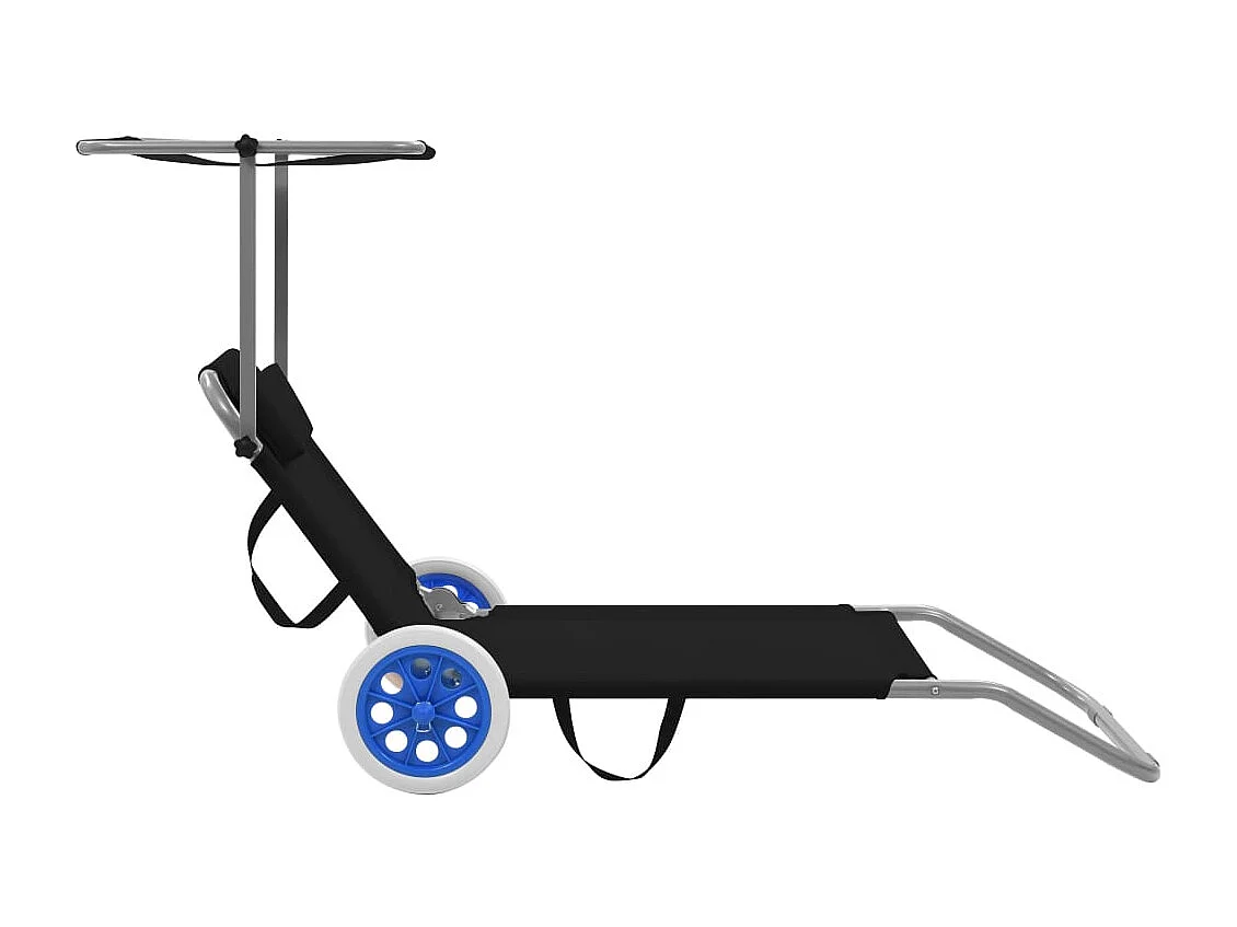 Chaise longue pliable avec auvent et roues Acier Noir