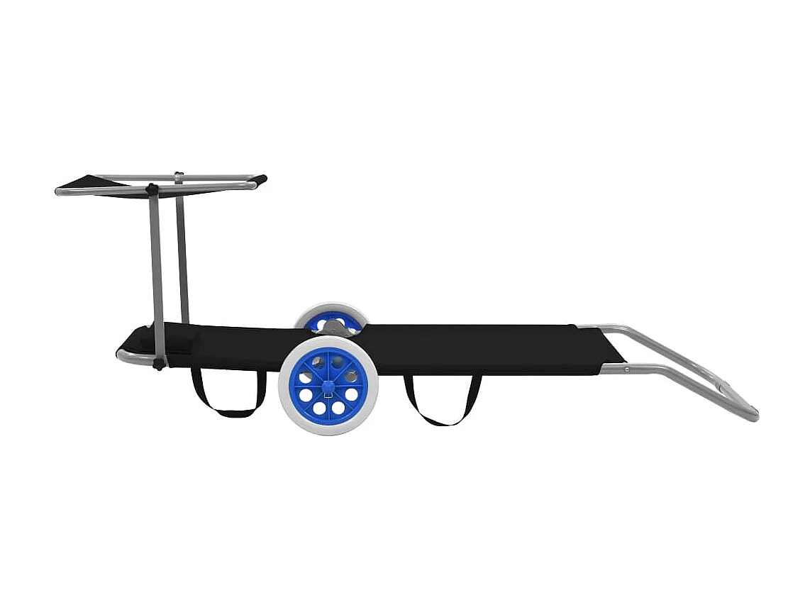 Chaise longue pliable avec auvent et roues Acier Noir