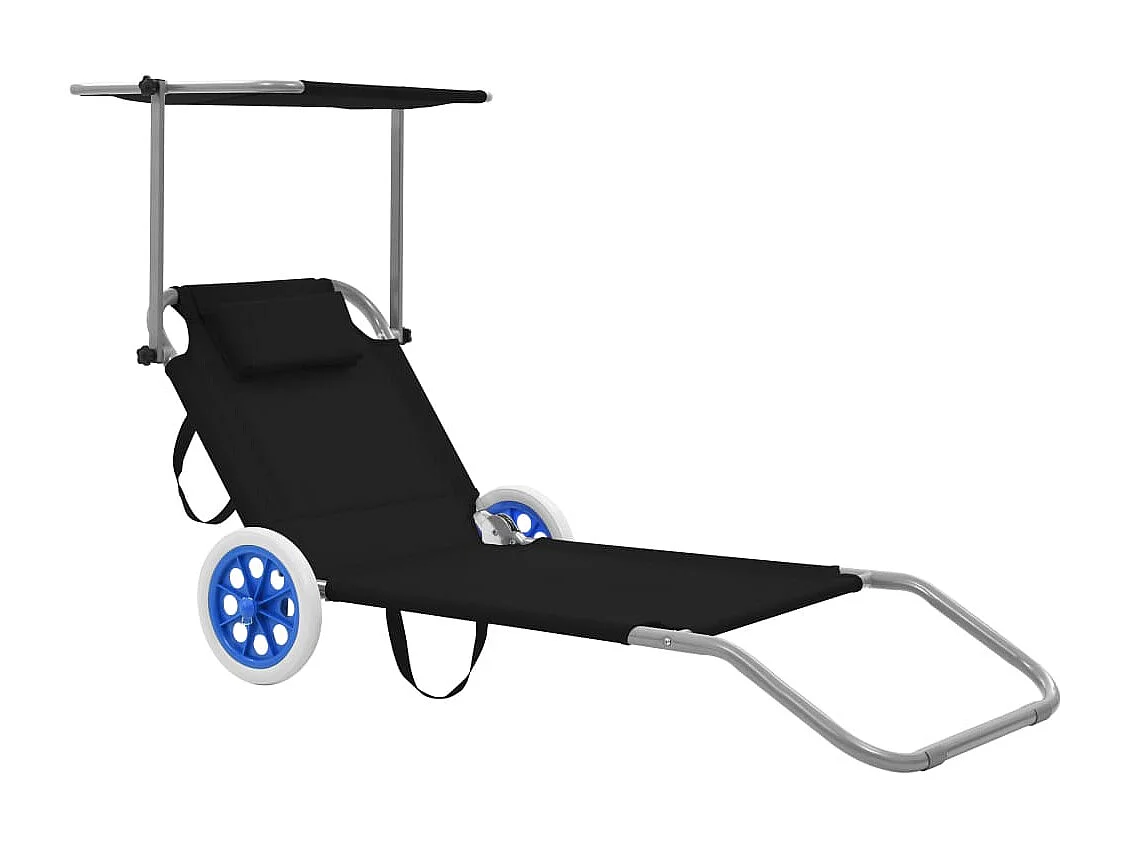 Chaise longue pliable avec auvent et roues Acier Noir