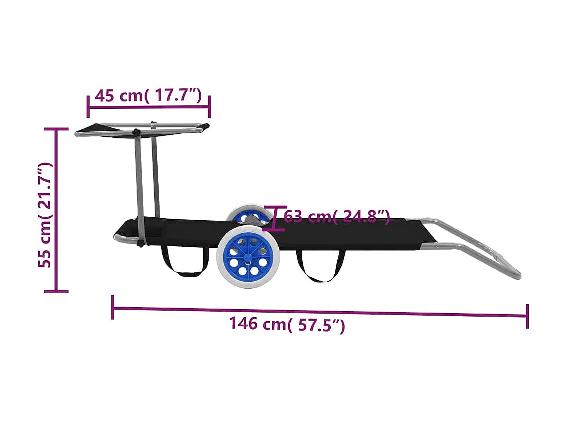 Chaise longue pliable avec auvent et roues Acier Noir