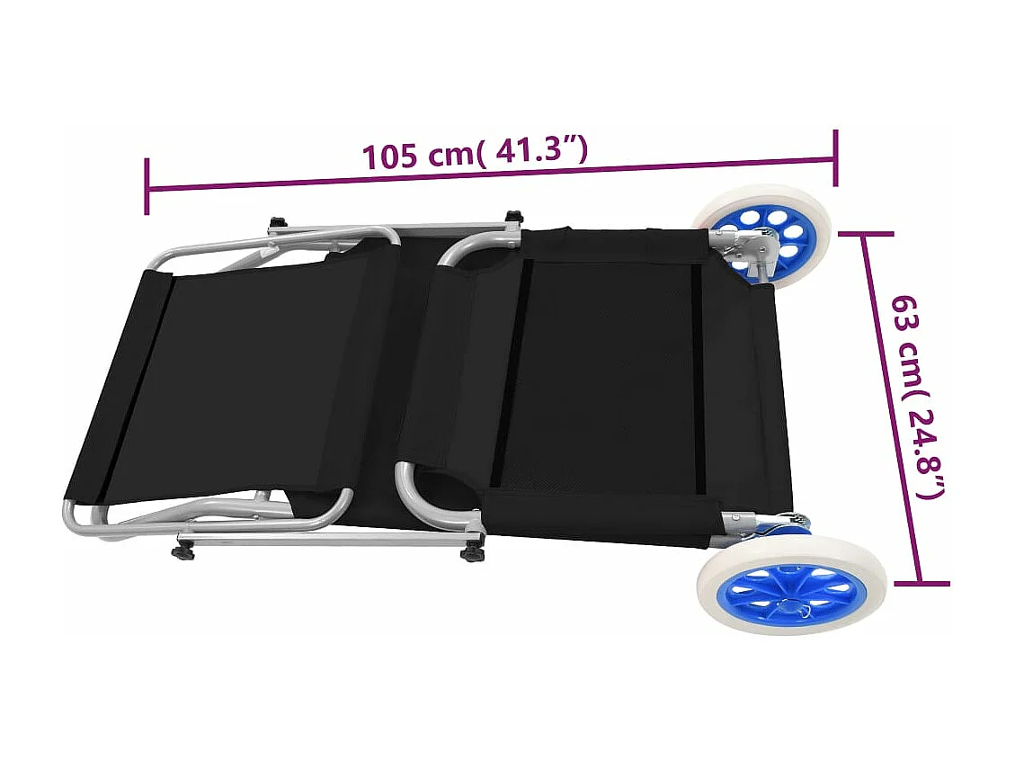 Chaise longue pliable avec auvent et roues Acier Noir