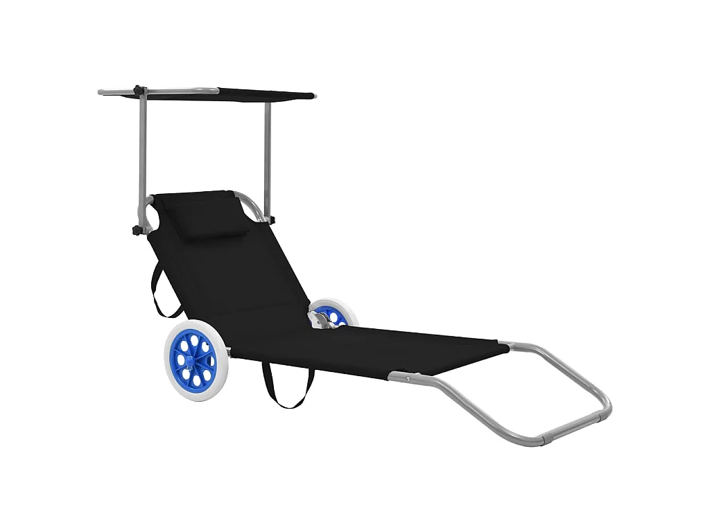 Chaise longue pliable avec auvent et roues Acier Noir