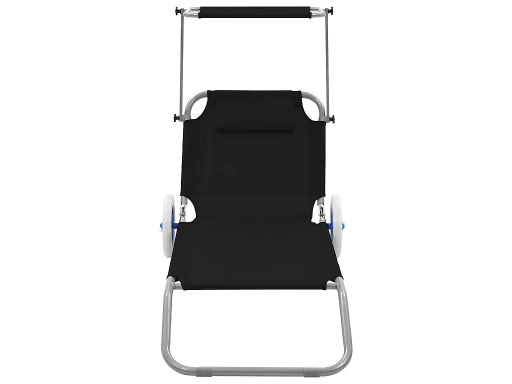 Chaise longue pliable avec auvent et roues Acier Noir