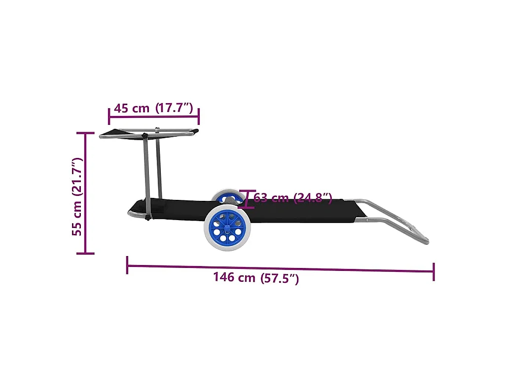 Chaise longue pliable avec auvent et roues Acier Noir